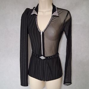 Kelle Dance Costume Leotard Bodysuit Small Black Sheer Pinstripe Rhinestone READ